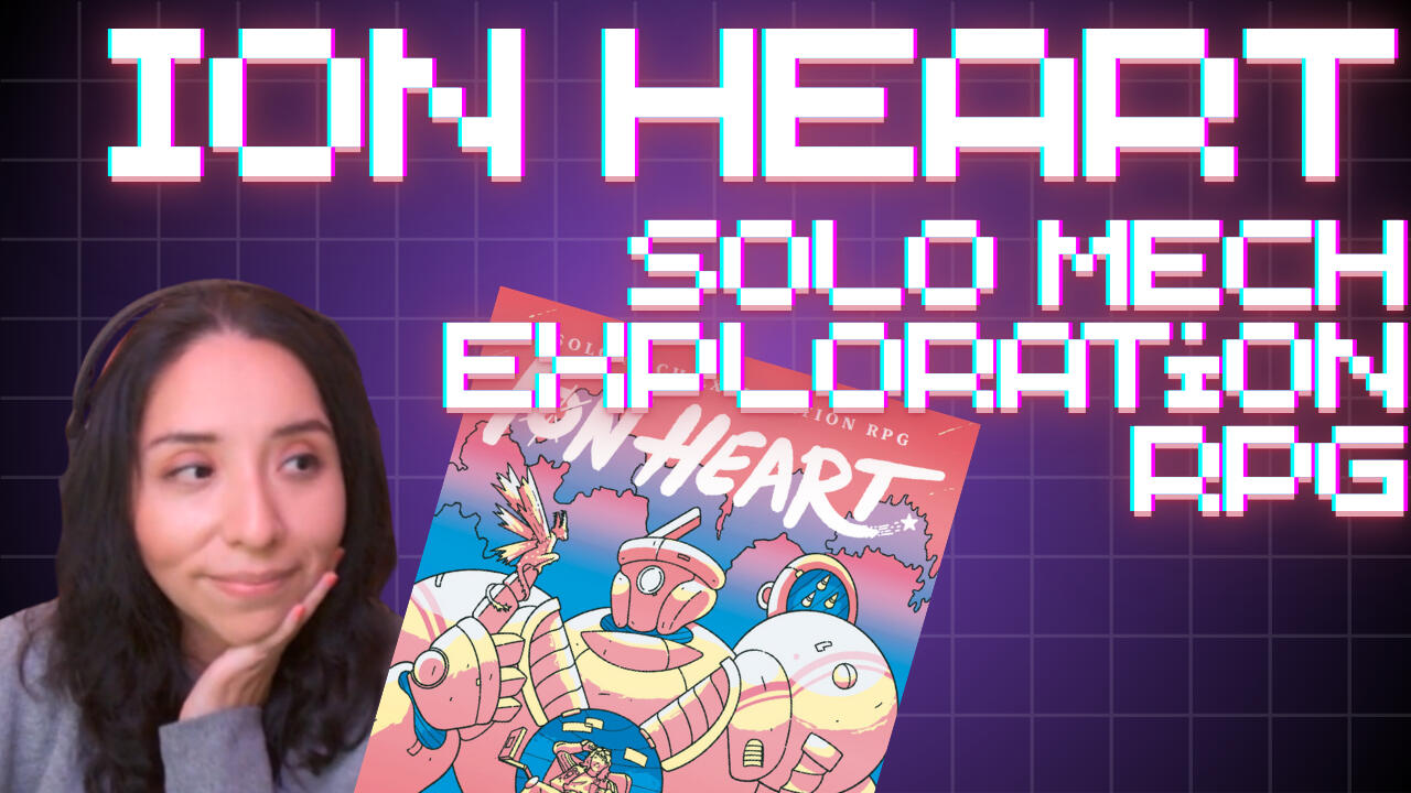 Ion Heart: Solo Mech Exploration RPG. Aida smiling next to the cover art of the game, on a purple grid background