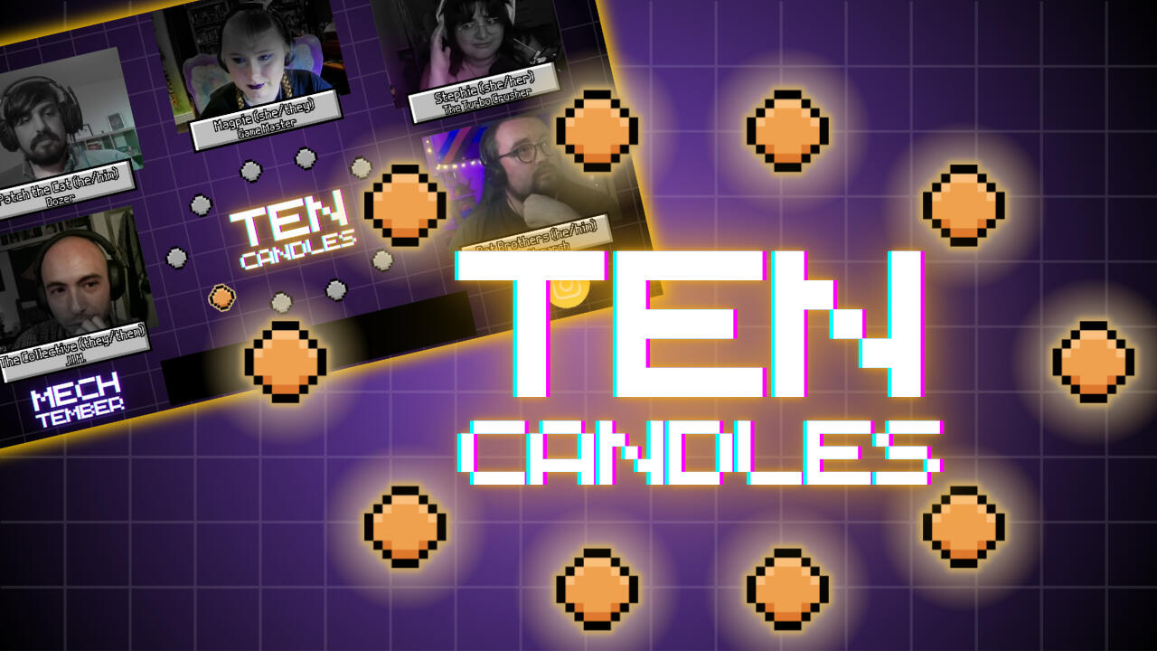 Ten Candles title card. Screenshot from the AP in the background with ten pixel art candles in the foreground