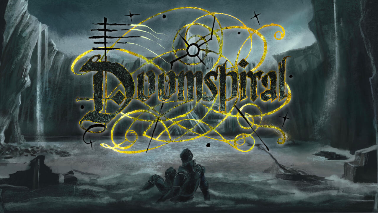 Doomspiral title card. Ornate DOOMSPIRAL logo surround by gold threads over artwork of a lone knight sitting on a beach surround by imposing cliffs.