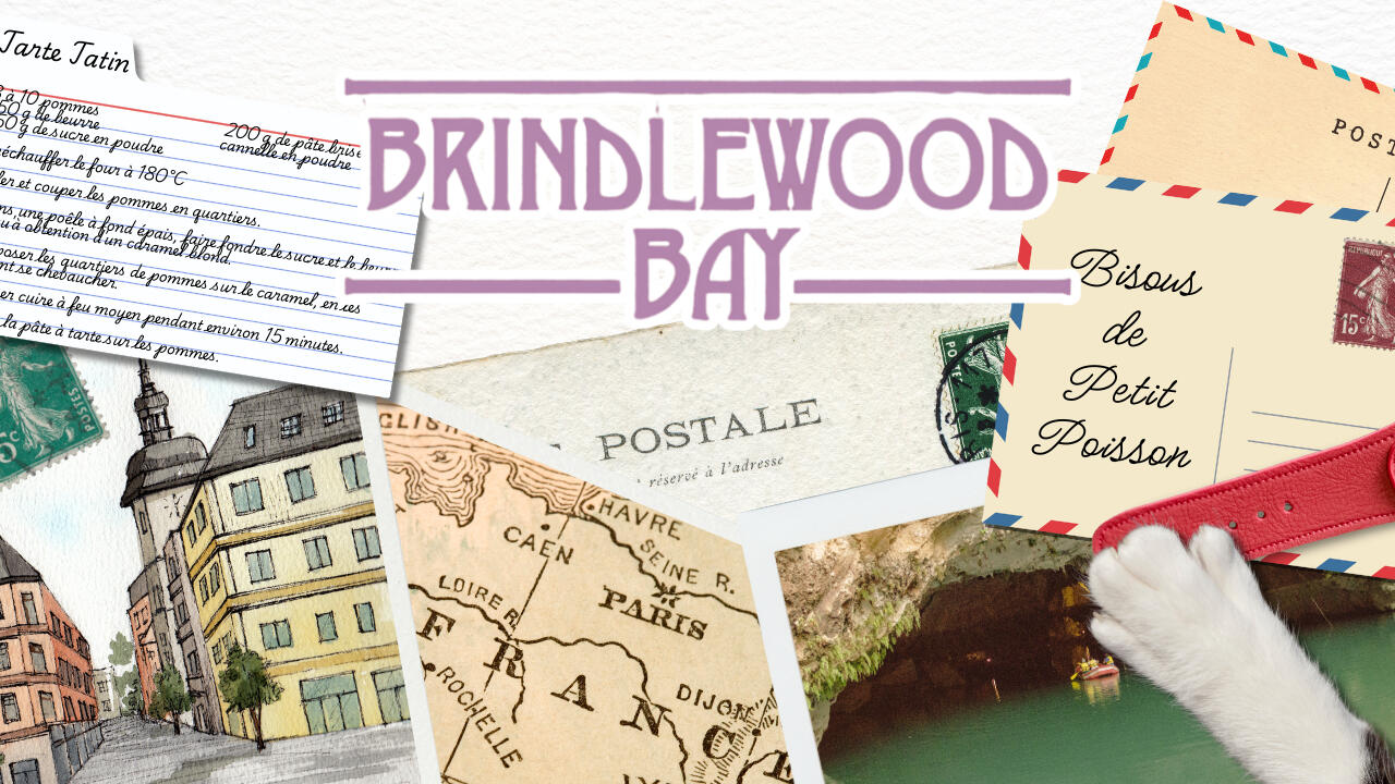 Brindlewood Bay Thumbnail Title Brindlewood Bay over a collection of French maps and postcards. A white cat's paw pokes in from the bottom right corner