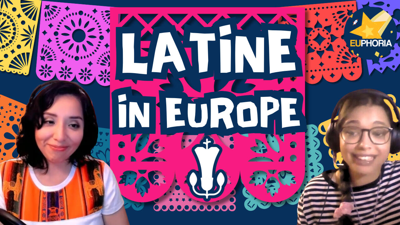 Latine in Europe title card featuring Aida and Taylor on a colourful background