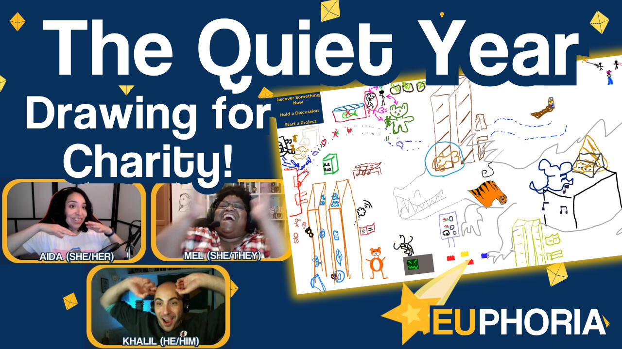 The Quiet Year, Drawing for Charity title card featuring a colourful sketch of a city