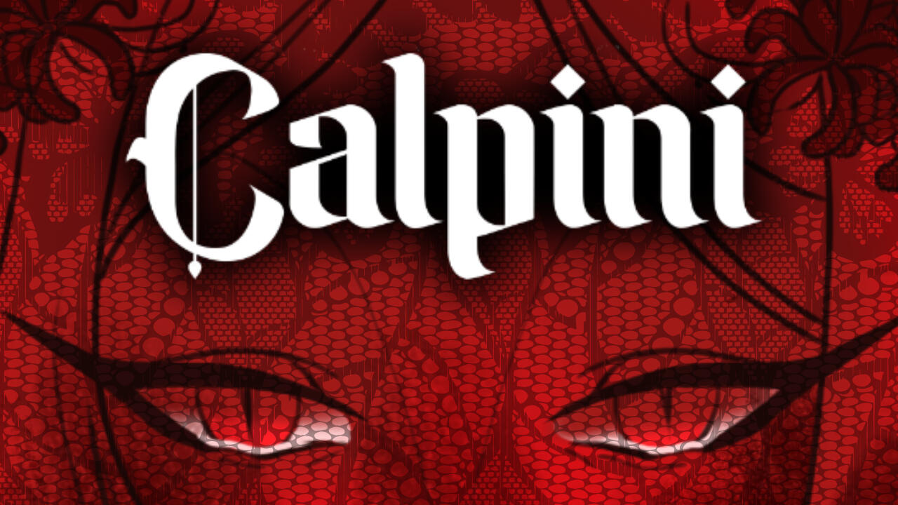Calpini title card featuring art of a woman's eyes painted in red