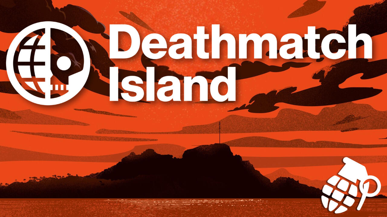 Deathmatch Island title card, featuring a red-hued island silhouette and a grenade