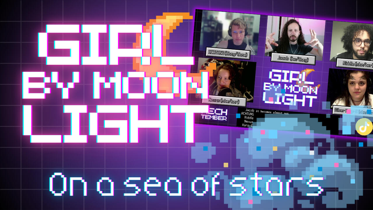 Girl By Moonlight: On A Sea of Stars title card. Screenshot from the game over a purple grid background